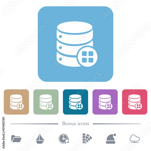 Database modules flat icons on color rounded square backgrounds