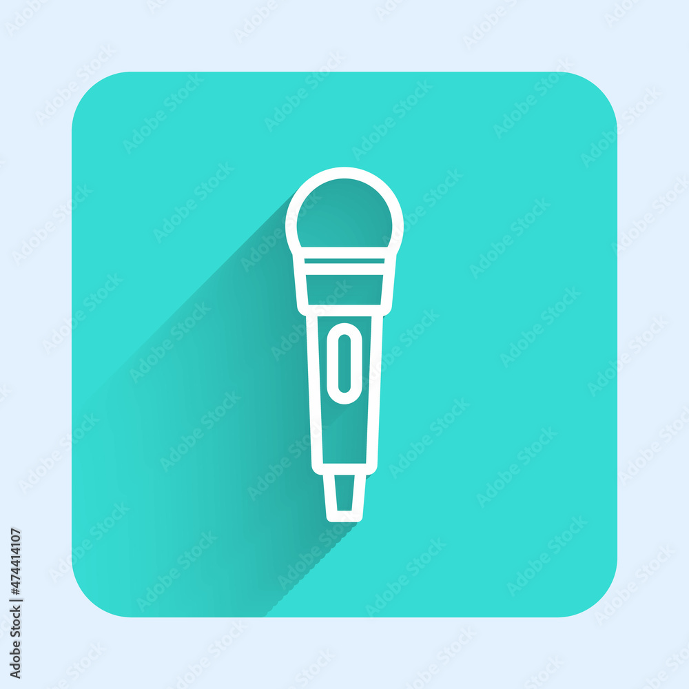 White line Microphone icon isolated with long shadow background. On air radio mic microphone. Speaker sign. Green square button. Vector White line Microphone icon isolated with long shadow background. On air radio mic microphone. Speaker sign. Green square button. Vector