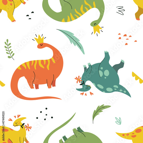 Fototapeta Naklejka Na Ścianę i Meble -  Seamless pattern with funny dinosaurs in hand drawn style. Creative childish texture. Great for fabric, textile. Isolated on white background vector illustration