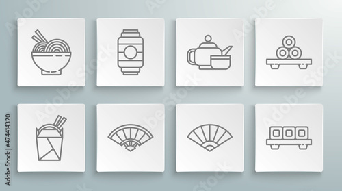 Set line Asian noodles in paper box and chopsticks, Japanese lantern, Paper chinese or japanese folding fan, Sushi on cutting board, tea ceremony, and bowl icon. Vector
