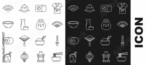 Set line Asian noodles in bowl and chopsticks, Japanese katana, Paper chinese or japanese folding fan, Sushi, Traditional tea ceremony, Bowl of hot soup, and Maneki neko cat icon. Vector