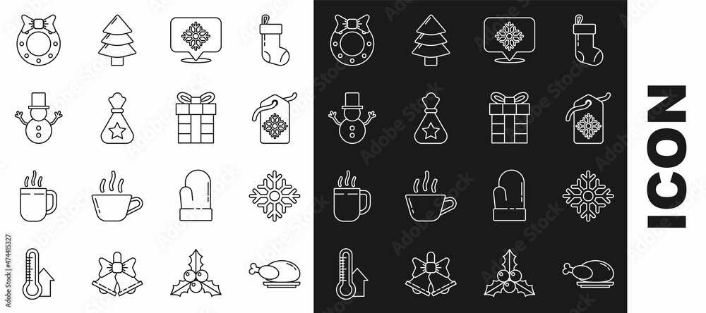 Set line Roasted turkey or chicken, Snowflake, Price tag with an inscription Sale, speech bubble, Santa Claus bag gift, Christmas snowman, wreath and Gift box icon. Vector Set line Roasted turkey or chicken, Snowflake, Price tag with an inscription Sale, speech bubble, Santa Claus bag gift, Christmas snowman, wreath and Gift box icon. Vector
