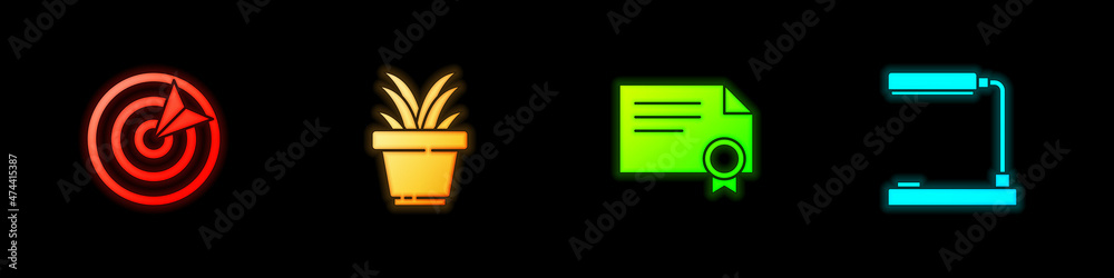 Set Target sport, Plant in pot, Certificate template and Table lamp icon. Vector Set Target sport, Plant in pot, Certificate template and Table lamp icon. Vector