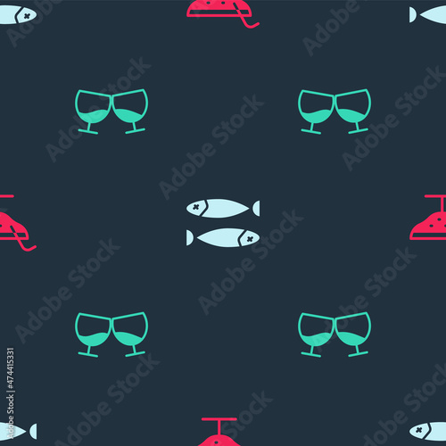 Set Cocktail, Dried fish and Glass of cognac or brandy on seamless pattern. Vector
