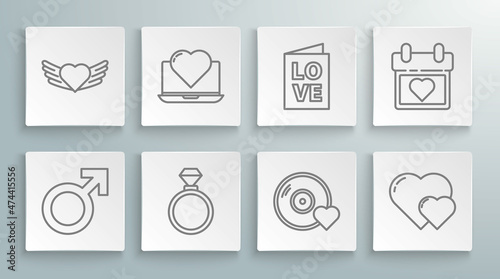 Set line Male gender symbol, Laptop with heart, Wedding rings, Romantic music, Heart, Valentines day party flyer, Calendar and wings icon. Vector