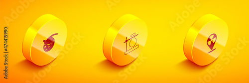 Set Isometric Test tube and flask, on stand and Radioactive in location icon. Vector