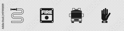 Set Fire hose reel, alarm system, truck and Firefighter gloves icon. Vector