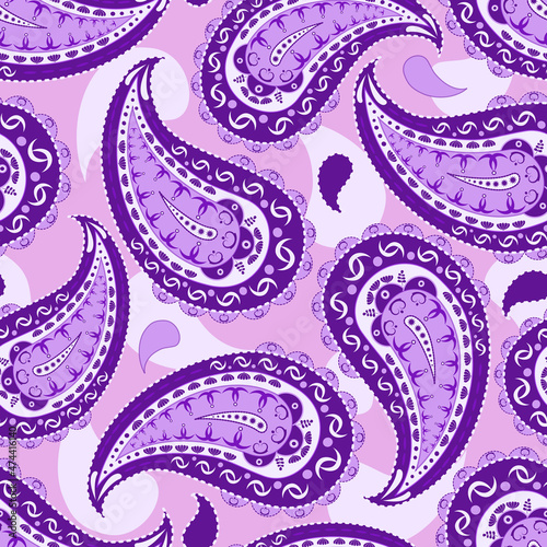 Seamless paisley ornament in shades of purple. Pattern Turkish cucumber, Persian cypress, Indian palm leaf. For the design of fabrics, textiles, packaging.