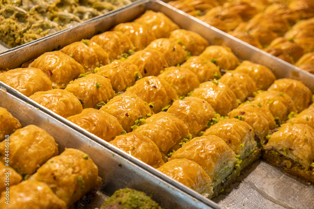Turkish dessert in shop, traditional middle east candy baklava Turkish dessert in shop, traditional middle east candy baklava