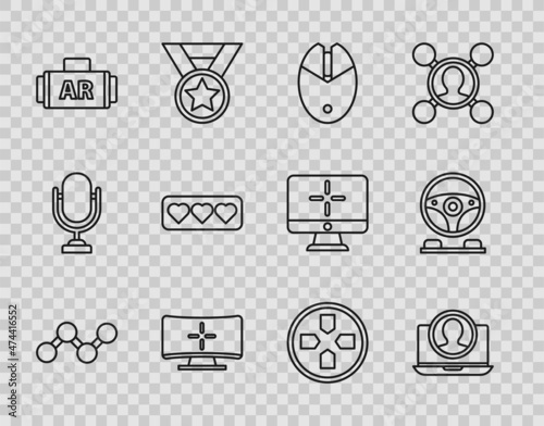 Set line Share, Create account screen, Computer mouse gaming, monitor, Ar, augmented reality, Like and heart, Gamepad and Racing simulator cockpit icon. Vector