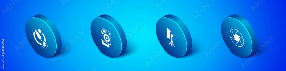 Set Isometric Camera timer, Softbox light, shutter and Photo camera icon. Vector Set Isometric Camera timer, Softbox light, shutter and Photo camera icon. Vector