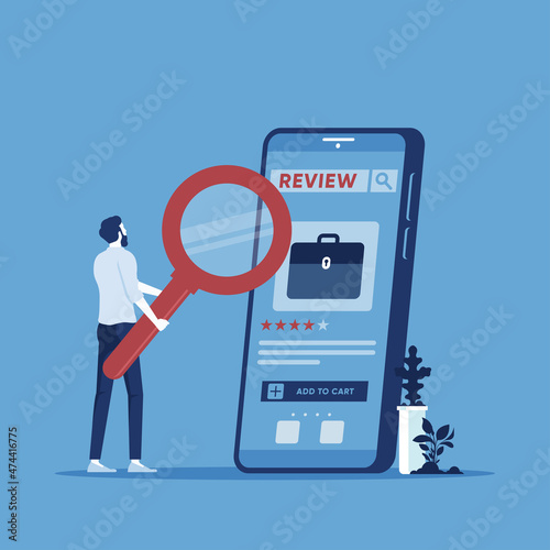 Clients search and reading Review Rating on mobile phone before buy product, customer Experiences vector Concept