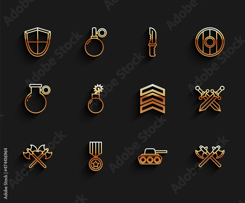Set line Crossed medieval axes, Military reward medal, Shield, tank, Bomb ready to explode, sword and rank icon. Vector
