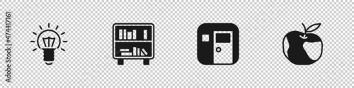 Set Light bulb, Shelf with books, School classroom and Apple icon. Vector