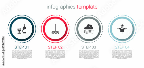 Set Wine bottle with glass, Garden rake, Windy weather and Scarecrow. Business infographic template. Vector