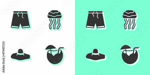 Set Coconut cocktail, Swimming trunks, Elegant women hat and Jellyfish icon. Vector