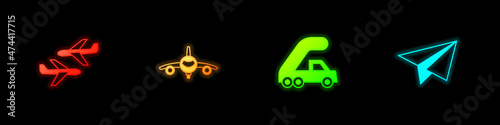 Set Plane, , Passenger ladder for plane boarding and Paper airplane icon. Vector
