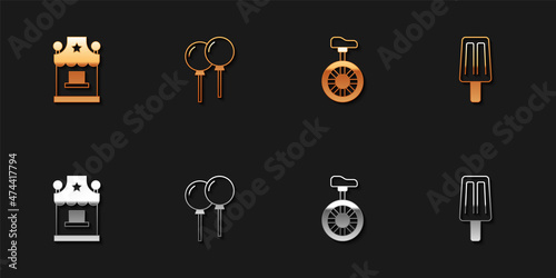 Set Ticket box office, Balloons with ribbon, Unicycle or one wheel bicycle and Ice cream icon. Vector