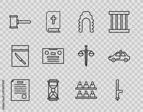 Set line The arrest warrant, Police rubber baton, Judge wig, Old hourglass with sand, gavel, Retro audio cassette tape, Jurors and car flasher icon. Vector