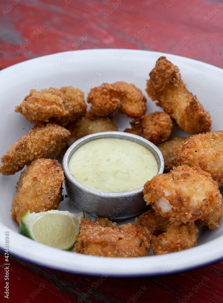 Closeup view on fried breaded shrimps with avocado mayonnaise and lemon in a white bowl. Closeup view on fried breaded shrimps with avocado mayonnaise and lemon in a white bowl.