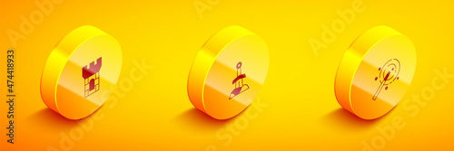 Set Isometric Castle tower, Sword in the stone and Magic wand icon. Vector