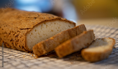 Sliced gluten-free bread on a kitchen towel. Healthy food concept
