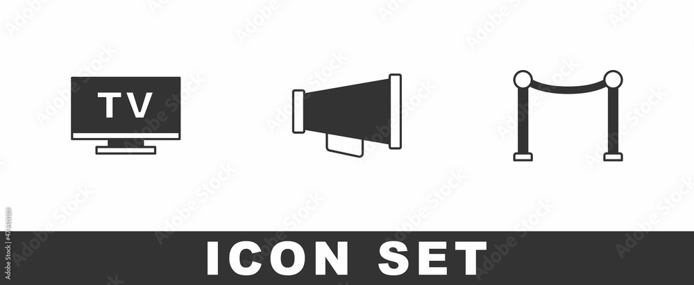 Set Smart Tv, Megaphone and Rope barrier icon. Vector Set Smart Tv, Megaphone and Rope barrier icon. Vector
