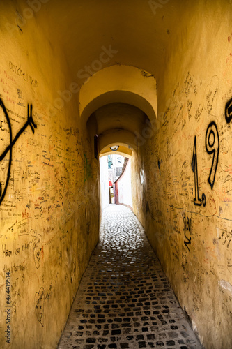 Rope street (Strada Sforii), one of the narrowest street in Brasov and the third in Europe. Brasov, Romania. photo