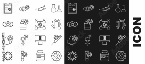 Set line Virus, Syringe and virus, Bar of soap, Ebola disease, Bottle with, Medical protective mask, Clipboard blood test results and spread icon. Vector
