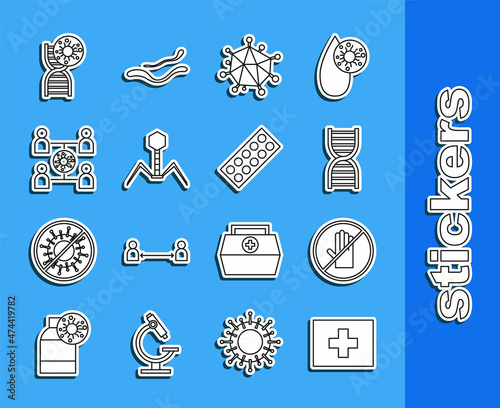 Set line First aid kit, No handshake, DNA symbol, Virus, Bacteria bacteriophage, spread, virus and Pills in blister pack icon. Vector