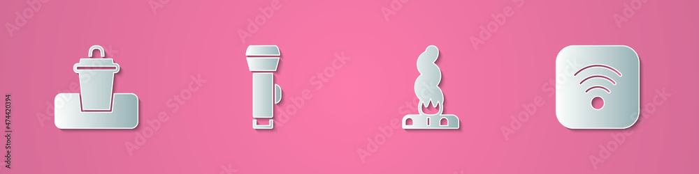 Set paper cut Trash can, Flashlight, Campfire and Wi-Fi wireless internet icon. Paper art style. Vector Set paper cut Trash can, Flashlight, Campfire and Wi-Fi wireless internet icon. Paper art style. Vector