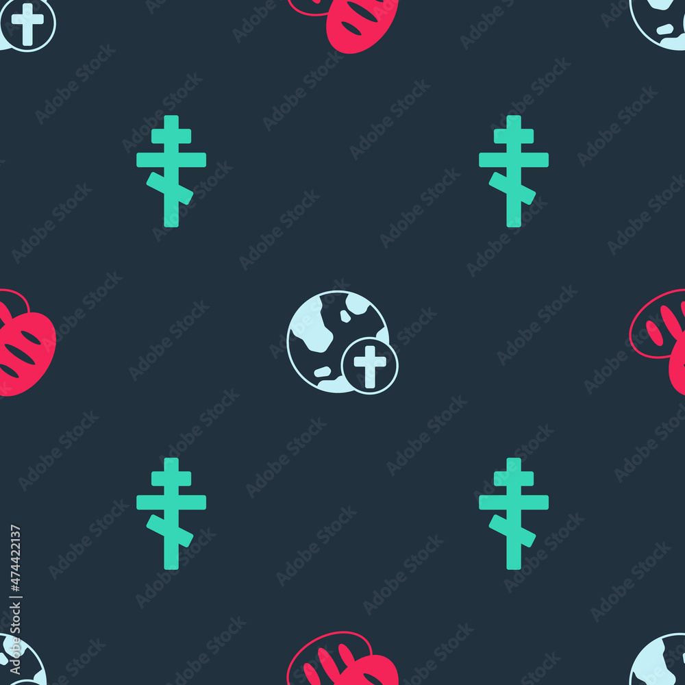 Obraz premium Set Christian bread, cross with globe and on seamless pattern. Vector