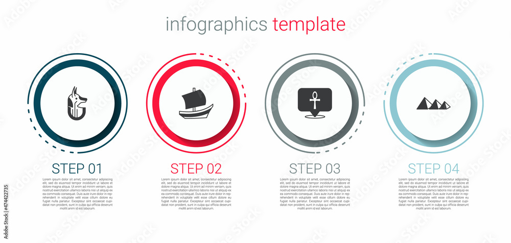 Set Egyptian anubis, ship, Cross ankh and pyramids. Business infographic template. Vector Set Egyptian anubis, ship, Cross ankh and pyramids. Business infographic template. Vector
