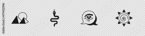 Set Egypt pyramids, Snake, Eye of Horus and Sun icon. Vector