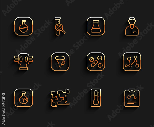 Set line Cracked flask, Gaseous, Test tube and, Medical thermometer, Chemistry report, Funnel filter, Chemical formula and Medicine pill tablet icon. Vector