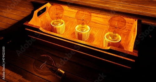 Light bulbs in pots on a wooden tray 3D rendering