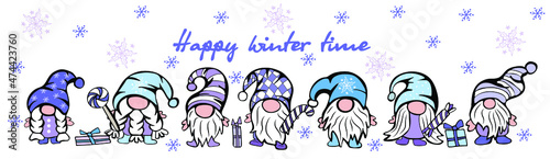 Happy winter time. Set of cute gnomes for winter holidays with hats, gift, candies and snowflakes. Can be used for poster, greeting cards, banners and stickers. Vector illustration