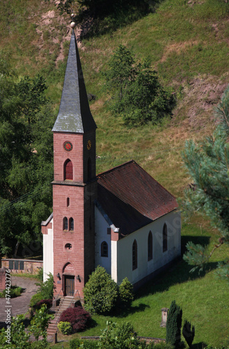 Aerial view of the neo-gothic village church in Frankenstein, Pfalz region in Germany photo