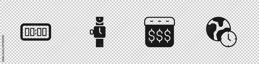 Set Digital alarm clock, Wrist watch, Payday, calendar with dollar and World time icon. Vector Set Digital alarm clock, Wrist watch, Payday, calendar with dollar and World time icon. Vector