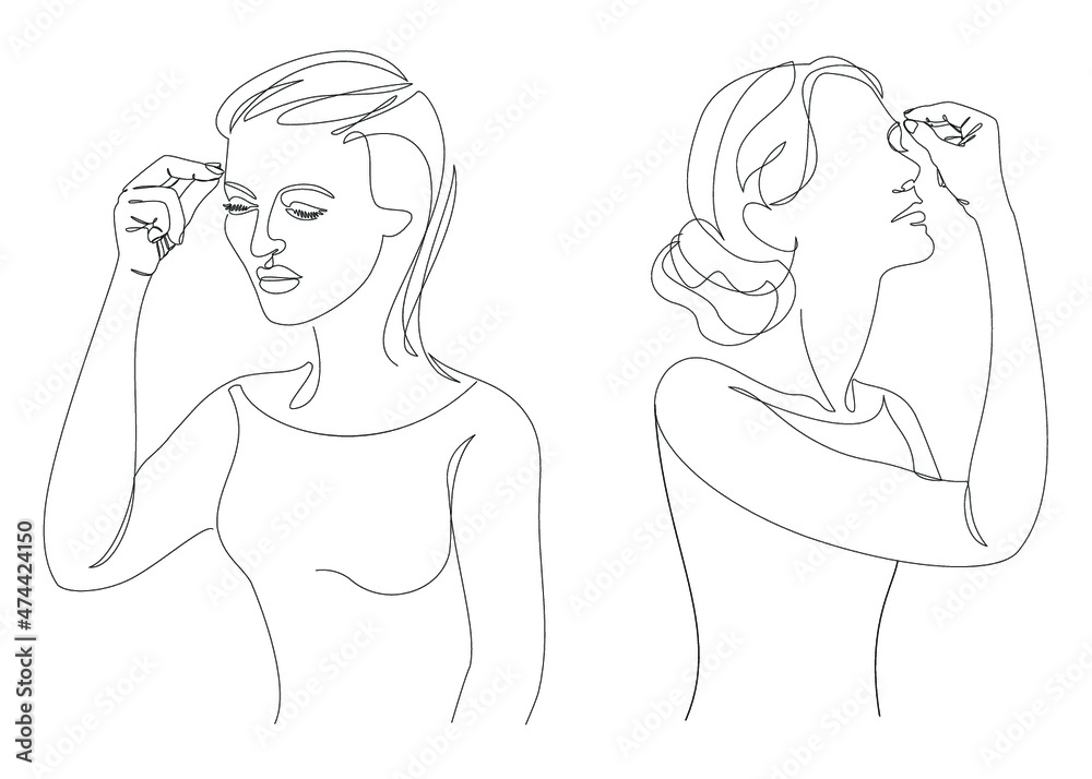 Silhouettes of lady, woman crosses her forehead in modern one line style. Continuous line drawing, aesthetic outline for home decor, posters, wall art, stickers, logo. Vector illustration.