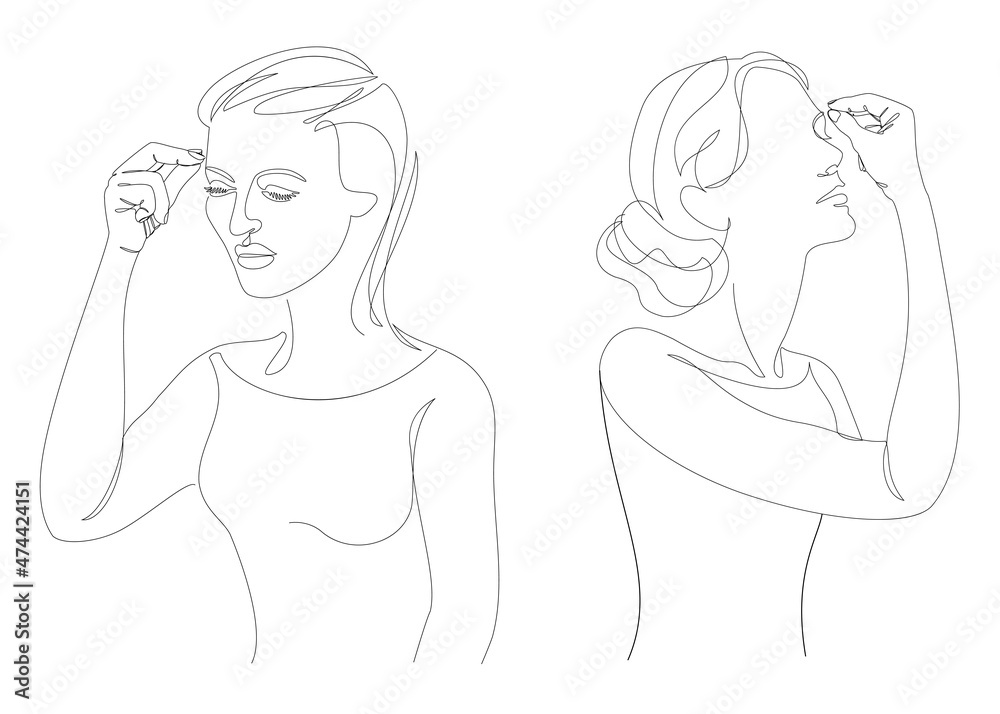 Silhouettes of lady, woman crosses her forehead in modern one line style. Continuous line drawing, aesthetic outline for home decor, posters, wall art, stickers, logo. Vector illustration. Silhouettes of lady, woman crosses her forehead in modern one line style. Continuous line drawing, aesthetic outline for home decor, posters, wall art, stickers, logo. Vector illustration.