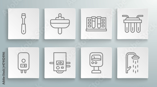 Set line Electric boiler, Washbasin, Gas, Pressure water meter, Shower, Test tube with drop, Water filter and Screwdriver icon. Vector