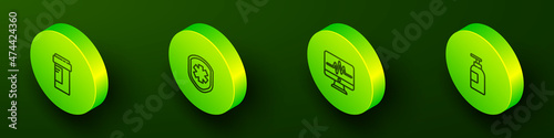 Set Isometric line Medicine bottle, Medical shield with cross, Monitor cardiogram and Hand sanitizer icon. Vector