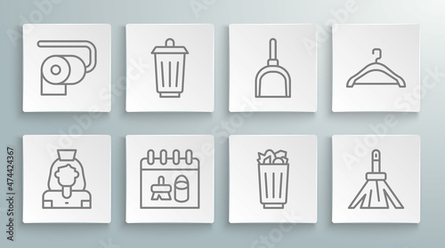 Set line Cleaning lady service, Trash can, calendar, Full trash, Handle broom, Dustpan, Hanger wardrobe and Toilet paper roll icon. Vector