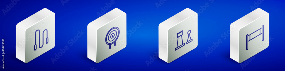 Set Isometric line Jump rope, Target sport, Chess and Volleyball net icon. Vector Set Isometric line Jump rope, Target sport, Chess and Volleyball net icon. Vector