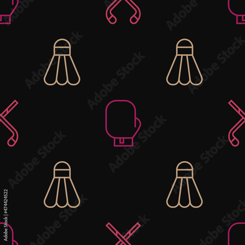 Set line Ice hockey sticks  Badminton shuttlecock and Boxing glove on seamless pattern. Vector