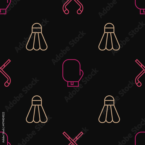 Set line Ice hockey sticks, Badminton shuttlecock and Boxing glove on seamless pattern. Vector