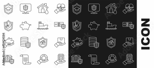 Set line House in hand, Delivery insurance, Money with shield, flood, Piggy bank, Life, Graduation cap and Ship icon. Vector