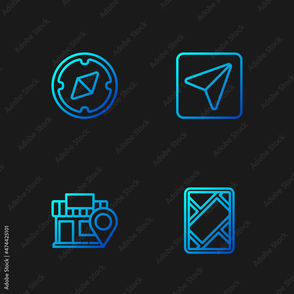 Set line Gps device with map, Location store, Compass and Infographic of city navigation. Gradient color icons. Vector Set line Gps device with map, Location store, Compass and Infographic of city navigation. Gradient color icons. Vector