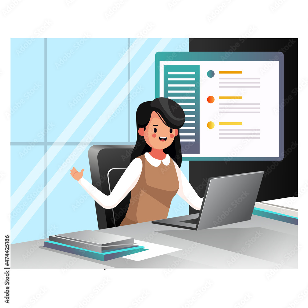 Young Beautiful Woman Using Laptop with cheerful mood in the office . Vector illustration. Young Beautiful Woman Using Laptop with cheerful mood in the office . Vector illustration.